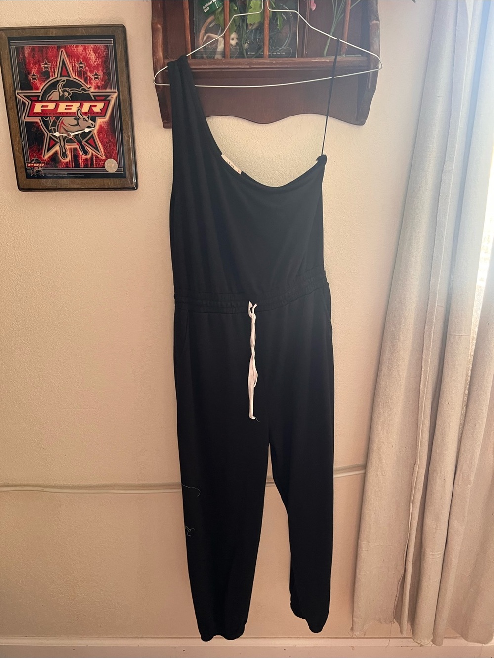 Le Lis Black One-Shoulder Jumpsuit with White Drawstring